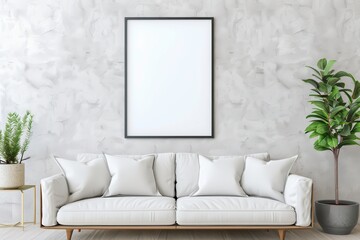 Modern minimalistic living room interior with a white sofa, potted plants, and a blank picture frame on a grey concrete wall backdrop.