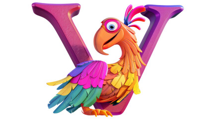 Obraz premium A vibrant 3D cartoon letter V featuring a colorful parrot character on a transparent background, perfect for educational and creative uses