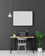 Modern workspace with desk, laptop, lamp, and plants against a dark wall with a blank picture frame. Minimalist office setup.