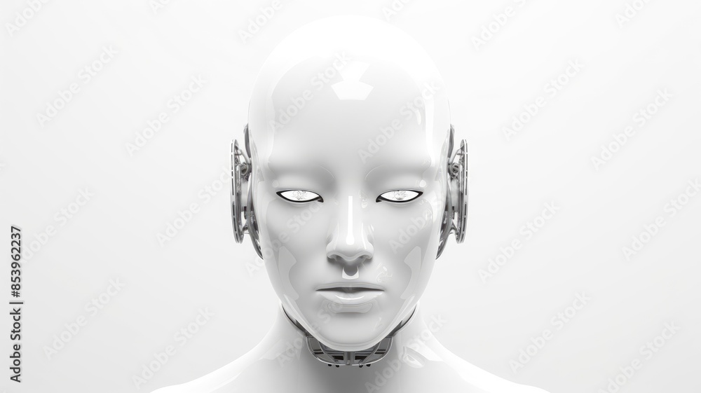 Poster smart android head close up with humanoid features. futuristic robot face concept with white sleek d