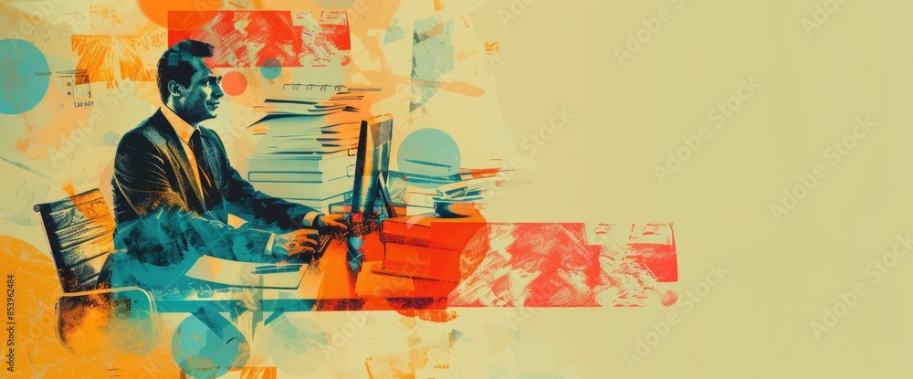 Poster the image shows a man sitting at a desk, working on a computer. he is wearing a suit and tie, and he