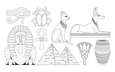 Collection Of Iconic Symbols From Ancient Egypt Including Pyramids, Sphinx And Ankh In Black And White. Outline Vector