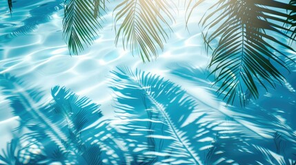 3D rendering of palm leaves shadow on the water surface in a swimming pool with a light blue background