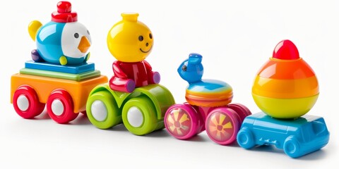 Obraz premium Set of 4 Colorful Classic Toddler or Baby Toys Cutout Isolated on White Background - AI Generated, Perfect for Children's Day Gifts, First Birthday Presents, New Year and National Holiday Gifts, Early