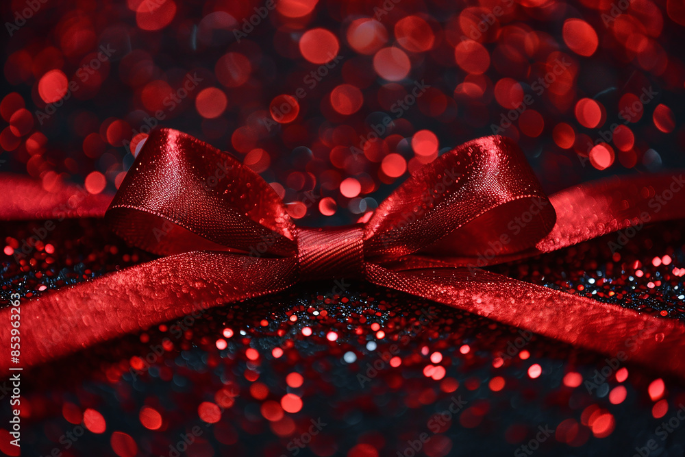 Poster red ribbon and bow with gold sparkles on black and red background
