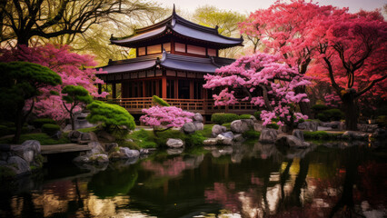 A traditional Japanese garden with a temple tea house and blooming cherry blossoms reflected in a pond. Beauty of nature concept
