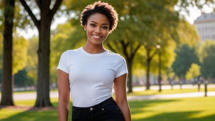 Young black woman with short hair wearing white t-shirt and black jeans standing in the park