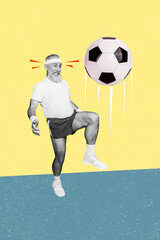 Vertical photo collage of old sportsman football player punch ball soccer game activity league...
