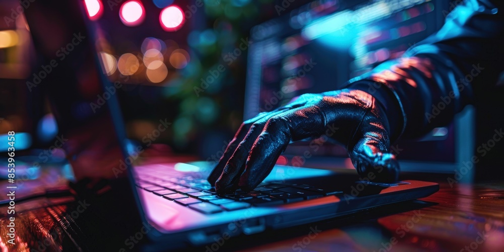 Poster hacker in black gloves typing on a laptop, cyber attack concept, closeup of hand with computer keybo
