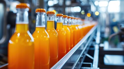 product bottles fruit juice on the conveyor belt in the beverage factory, industrial, manufacture, production, line, plant, technology, juice, machine, machinery, equipment, automated