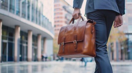 A working man in a business suit carries a briefcase to work in the office.