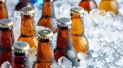 Close up of multiple beer bottles in ice with droplets, in the style of product photography