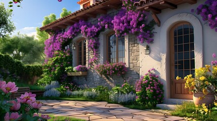 Beautiful mediterranean house surrounded by flowers