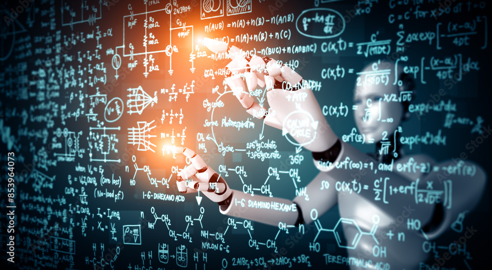 Aufkleber mlp 3d illustration ai humanoid robot touch screen of mathematics formula and science equation by us