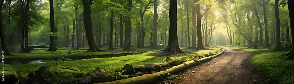 Poster forest pathway in the foggy day