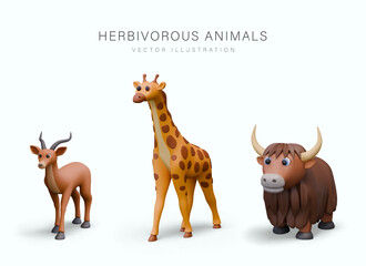 Set of realistic herbivores. Gazelle, giraffe, yak. Isolated templates in cartoon style