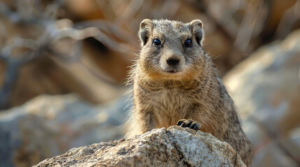 Fototapeta premium Close up of Dassie on the rocks in Hermanus, Common Rock Hyrax - Procavia capensis, small mammal from African hillls and mountains, Namibia 