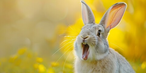 Excited rabbit with long ears and open mouth against bright background. Concept Rabbit, Excited, Long Ears, Bright Background, Open Mouth