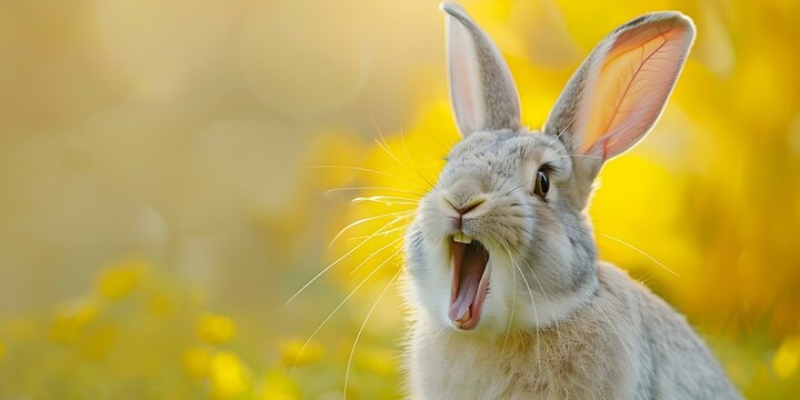 Excited rabbit with long ears and open mouth against bright background. Concept Rabbit, Excited, Long Ears, Bright Background, Open Mouth