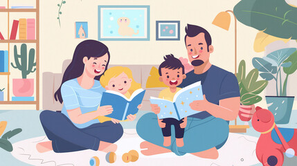 comic illustration of a family reading together a book 