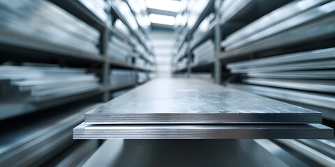 Obraz premium Metal sheet shelves stacked in warehouse for storage and organization. Concept Warehouse Organization, Metal Shelving, Storage Solutions, Industrial Inventory, Warehouse Management