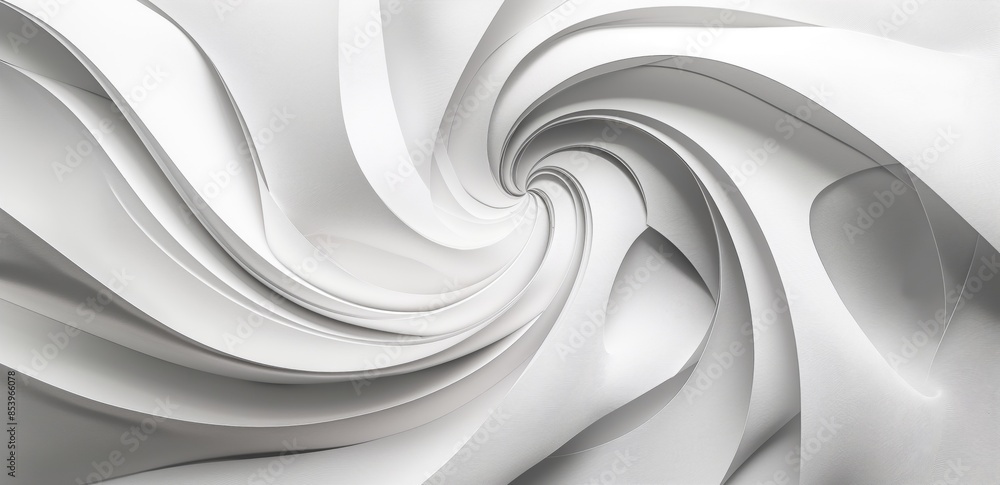 Poster abstract white paper spiral dynamic swirling design in minimalistic monochrome pattern.