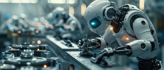 Fototapeta premium Robots assembling small mechanical parts with high precision in an industrial setting