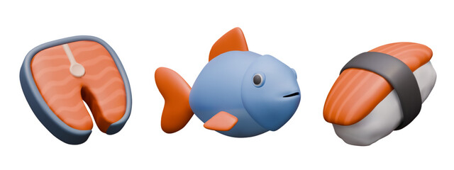 Live fish, steak, nori. Raw meat and ready meals. Set of creative color icons