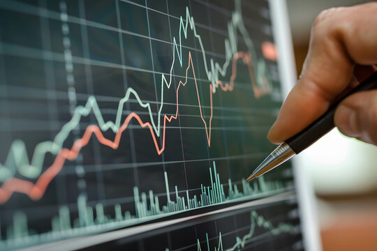 Hand writing financial data and chart, represent financial growth and volatility in stock market or investment, financial report graph and chart