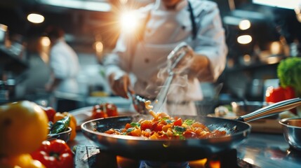 Culinary Delight: Close-Up of Chef's Cooking Demonstration with Engaged Audience in Bright Lighting