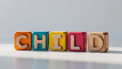 Colorful wooden blocks spelling out the word 'CHILD' on a light background.