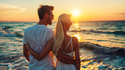 Couple hugging on beach watching beautiful sunset over ocean