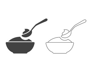 Baby spoon and bowl full of meal vector line icon isolated