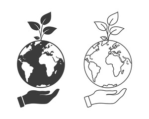Earth day line icon, world green ecology concept, globe with sapling, save clean environment, editable stroke vector illustration