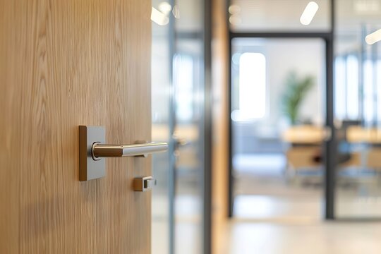 Doorknob. Metal door handle lock and latch of brass on veneer doors. Door wooden half opening through interior bedroom background, selective focus. Modern trends in interior design. Close-up.