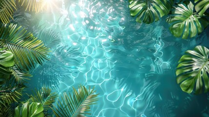 Fototapeta premium 3D rendering of palm leaves shadow on the water surface in a swimming pool with a light blue background