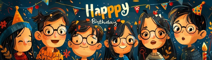 Illustrate a festive family at eye-level angle, cheering under a Happy Birthday banner! Utilize vibrant colors and intricate details in a realistic, lively style