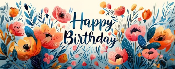 Fototapeta premium Illustrate a vibrant watercolor Happy Birthday card from a worms-eye view with intricate floral motifs