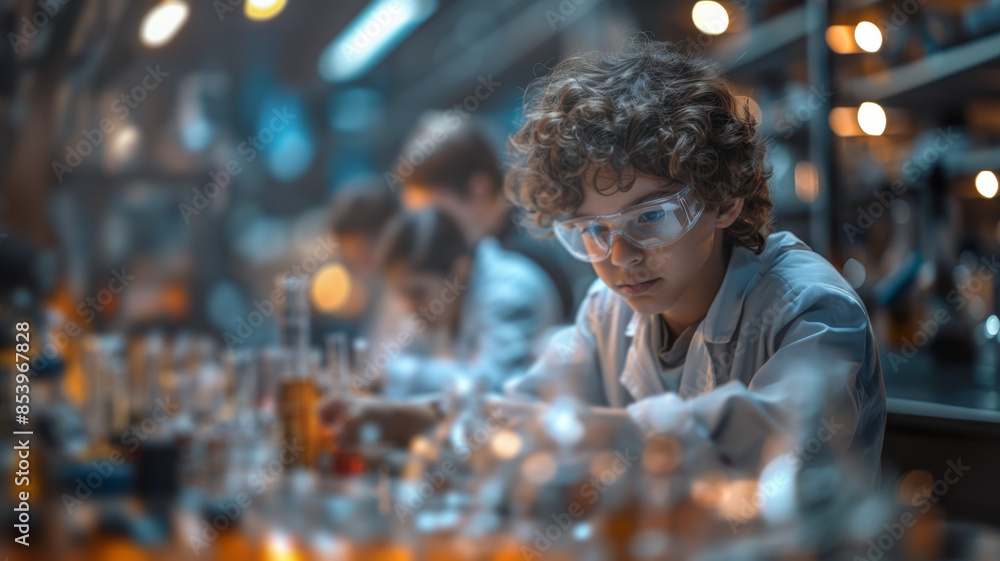 Aufkleber a young scientist in a lab coat and safety glasses works on a project in a brightly lit laboratory.