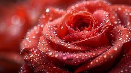Naklejka premium A close-up of a dew-covered red rose in the early morning light, with droplets of water magnifying the intricate details of its petals