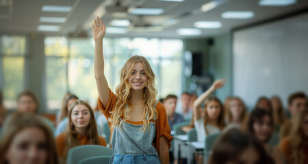 A young woman raises her hand in a classroom setting, surrounded by other students.