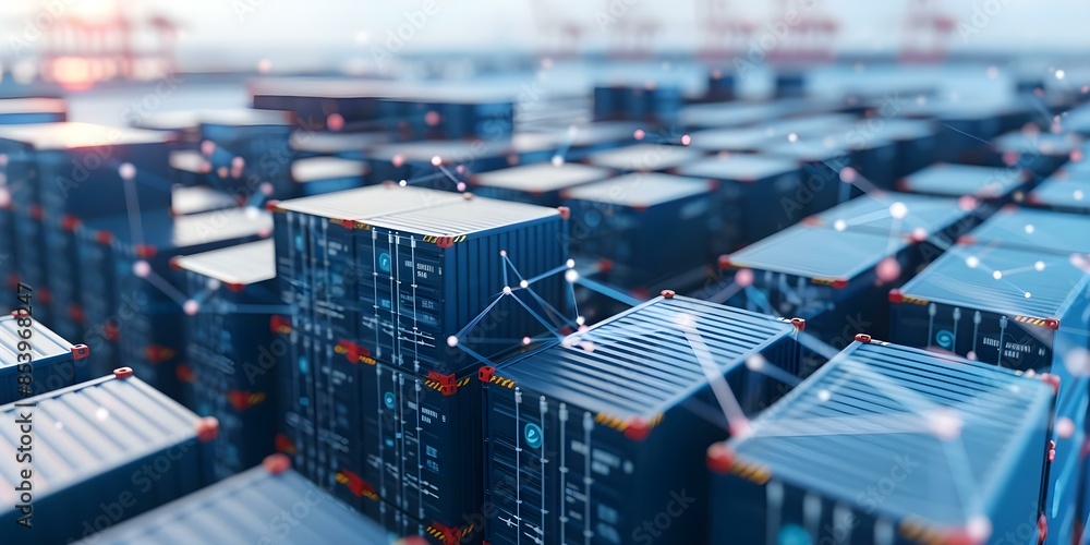 Poster digital network connects global trade routes through container terminals efficiently. concept global