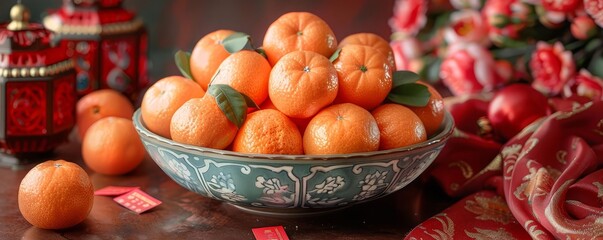 A colorful and festive setting with a bowl of mandarin oranges