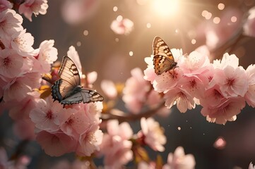 Blossom tree with beautiful butterfly.Spring background, Pink sakura flowers.