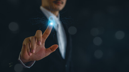 Cybersecurity and privacy concepts to protect data. Lock icon and internet network security technology. Businessman protecting personal data on smartphone, virtual screen interfaces. cyber security.