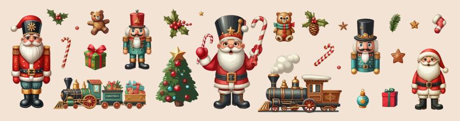 Christmas watercolor decorative banner with happy Santa Claus, nutcracker, locomotive and gift boxes and other New Year symbols.