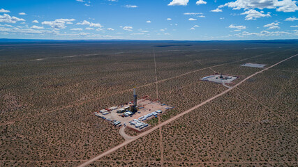 Aerial view of unconventional oil extraction in Añelo, Neuquen.