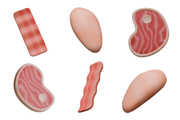 Striped bacon, chicken fillet, red raw steak. Realistic objects in different positions