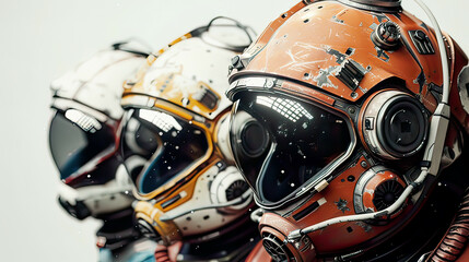 Fototapeta premium Ultra-detailed depiction of a collection of space helmets detailed textures and designs isolated on a white lighting futuristic space gear