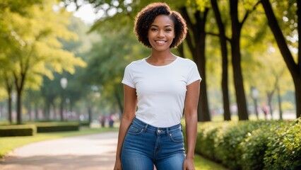 Fototapeta premium Young black woman with short hair wearing white t-shirt and blue jeans standing in the park